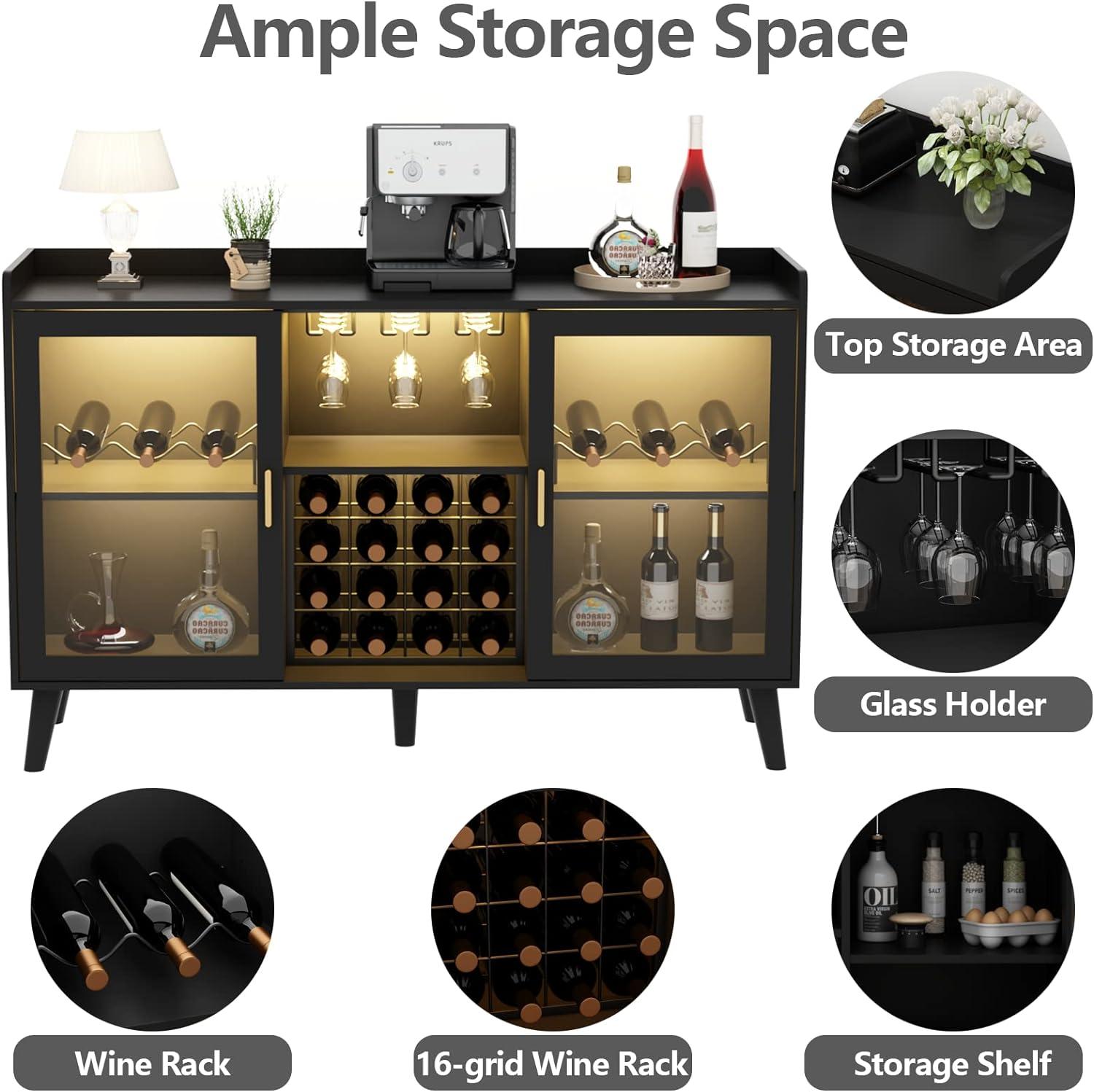 Auromie Wine Bar Cabinet with LED Light, Home Coffee Cabinet with Wine & Glass Rack, Kitchen Buffet Sideboard with Storage Shelves, Freestanding Liquor Cabinet for Living Room, Dining Room, Black