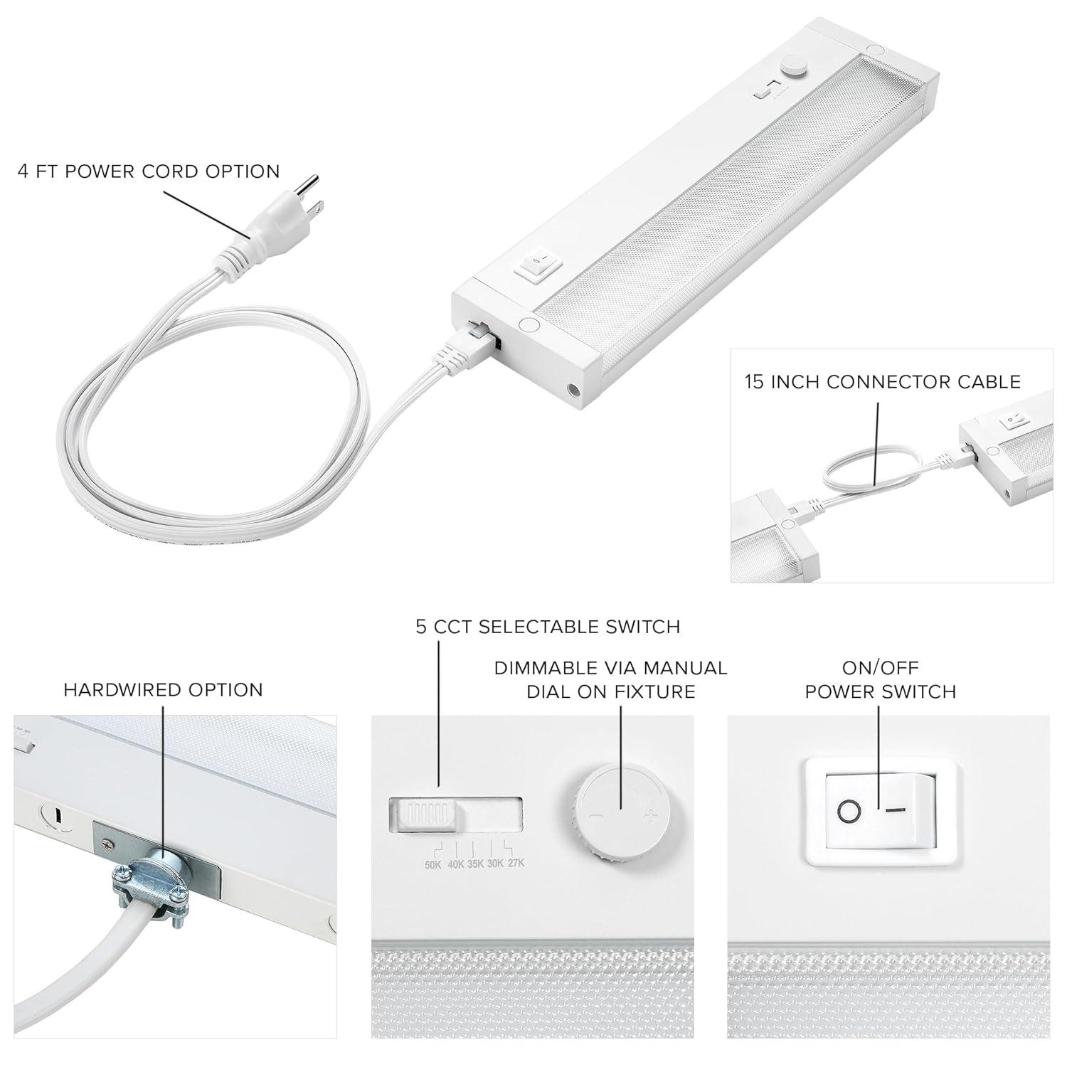 Maxxima 12 in. LED Under Cabinet Light, Dimmable, Linkable, Hardwired or Plug & Play, 500 Lumens, 5 CCT 2700K - 5000K, White, On/Off Switch