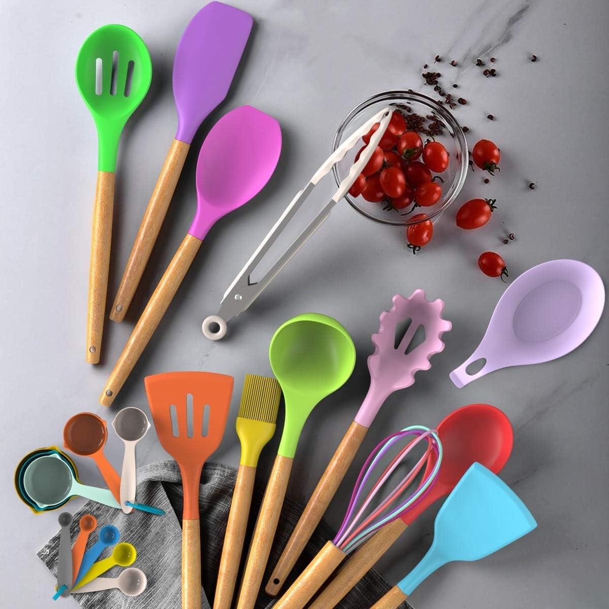 Colorful BPA-Free Silicone and Wood 33-Piece Cooking Utensil Set