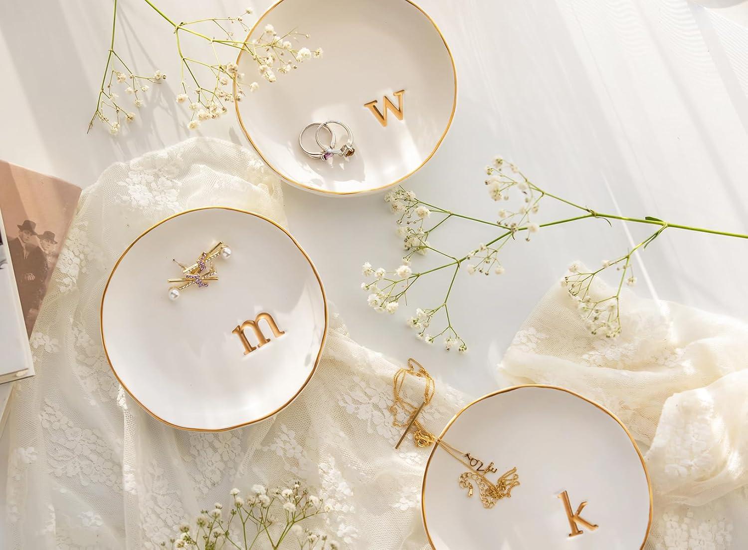 White Ceramic Jewelry Dish with Gold Monogram Accent