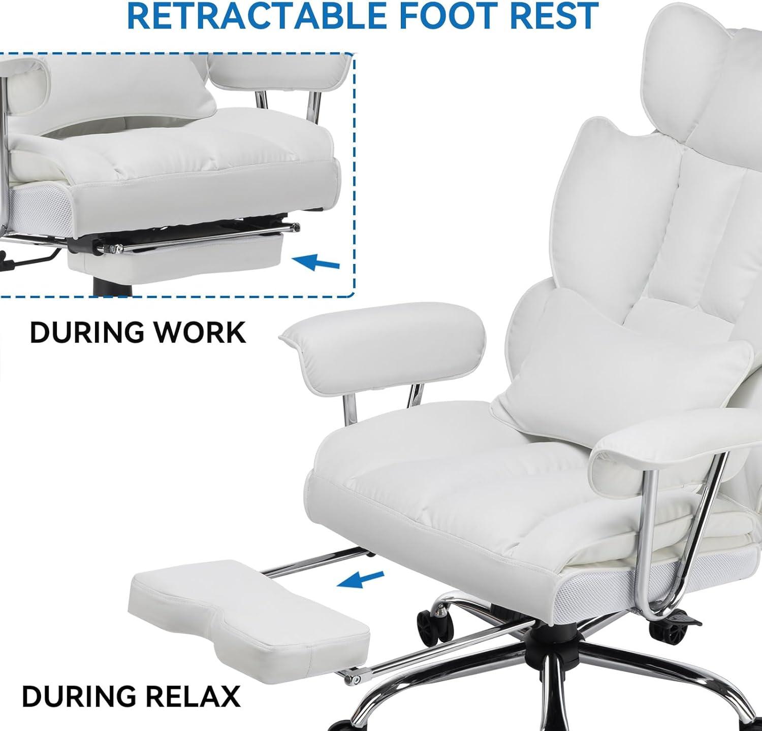 White High Back Leather Executive Swivel Office Chair with Footrest