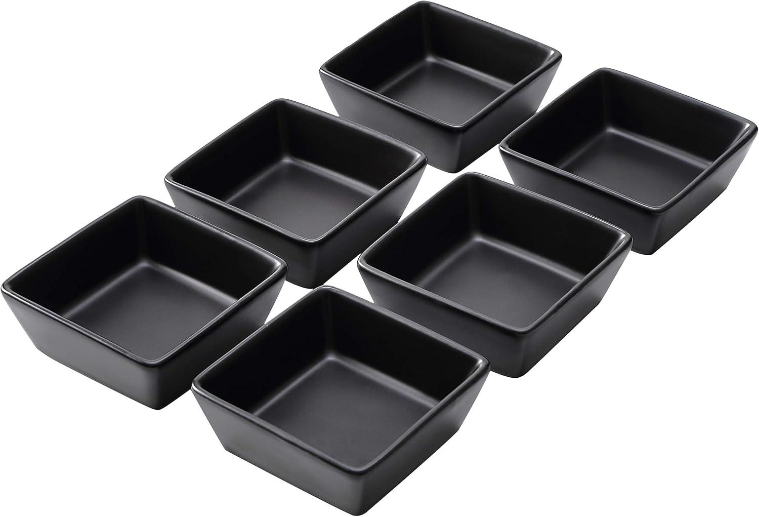 Bruntmor Black Ceramic Square Baking Ramekins For Soufflé, Crème Brulee, Jams, Dipping Sauces, French Onion Soup Oven Safe, Appetizer Sauce Dipping Bowls, (4 Oz, Set Of 6)