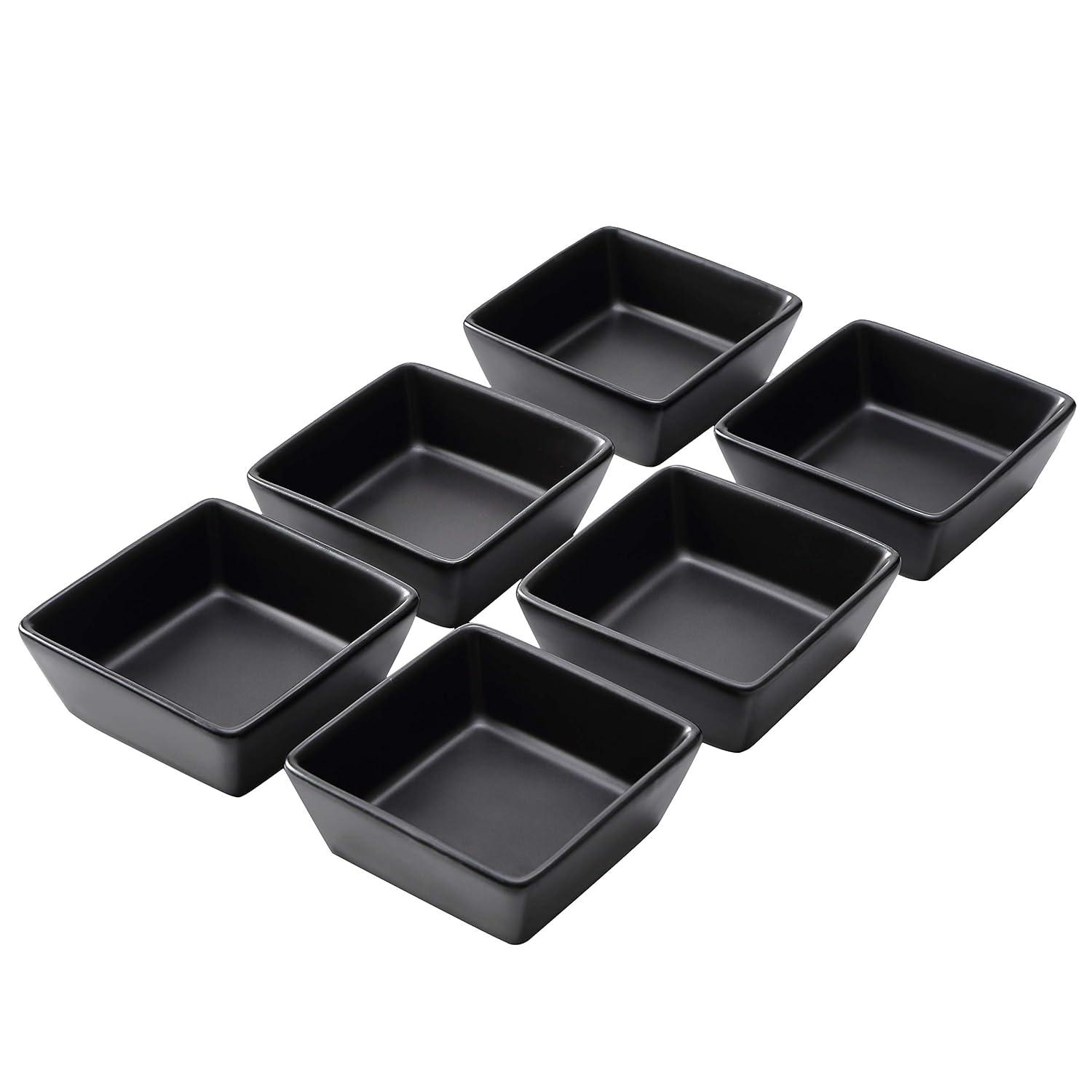 Bruntmor Black Ceramic Square Baking Ramekins For Soufflé, Crème Brulee, Jams, Dipping Sauces, French Onion Soup Oven Safe, Appetizer Sauce Dipping Bowls, (4 Oz, Set Of 6)