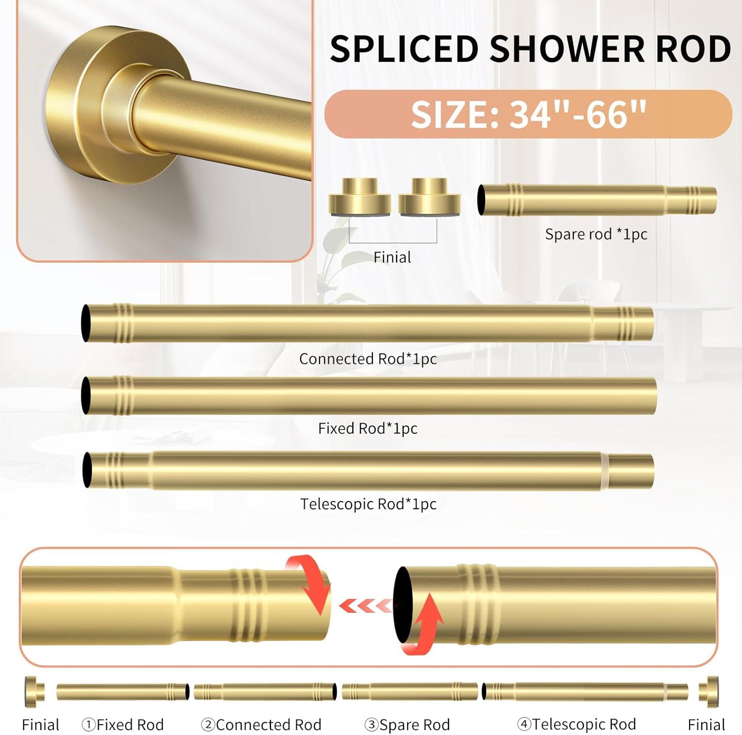 Gold Shower Curtain Rod 34-66 Inches(2.8-5.5ft) Never Rust Adjustable Shower Rod Spring Tension Non Slip No Drilling Shower Rods for Bathroom Garland Window