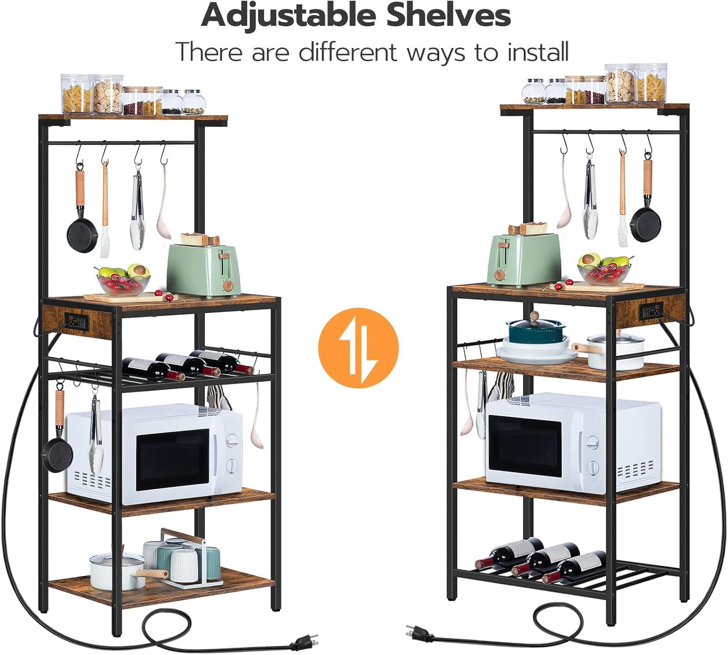 HOOBRO Kitchen Bakers Rack with Power Outlet, 5-Tier Coffee Bar with Adjustable Wine Rack, Microwave Stand with 10 S-Shaped Hooks, Kitchen Storage Shelf Rack, Rustic Brown BF60UHB01