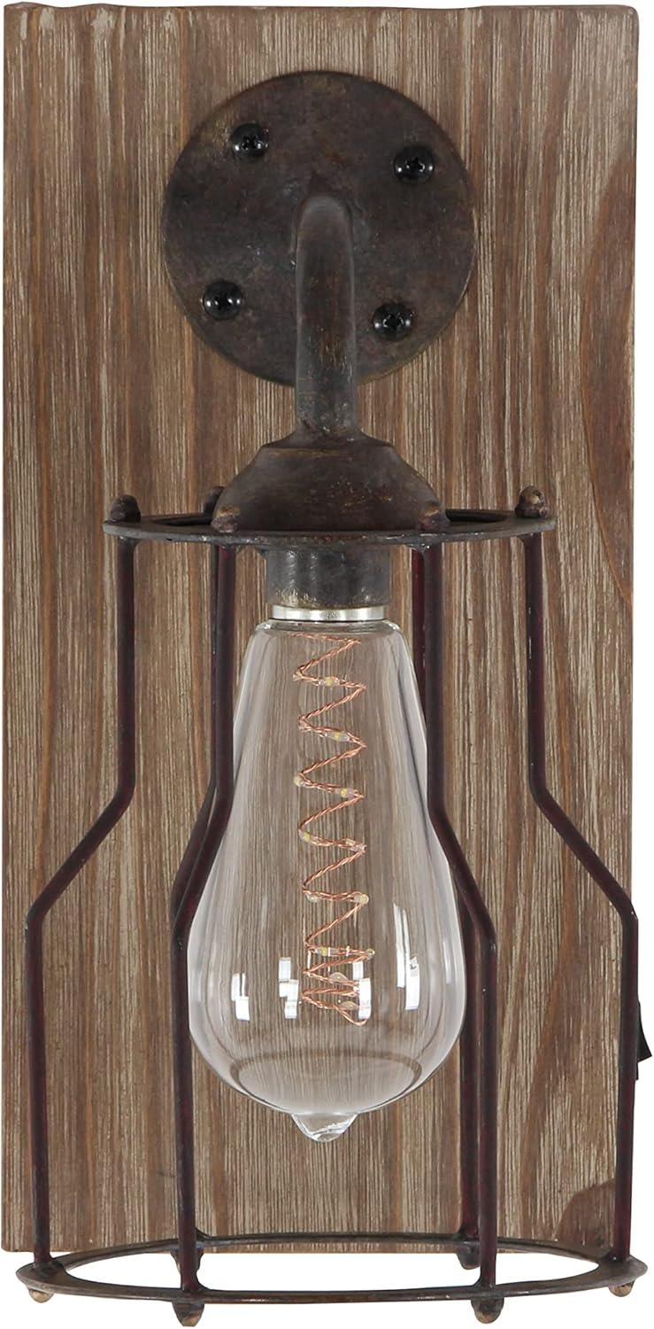 DecMode Industrial Metal Wall Sconce with Wood Backplate and Iron Cage, 6"W x 11"H Features Rustic Brown Finish