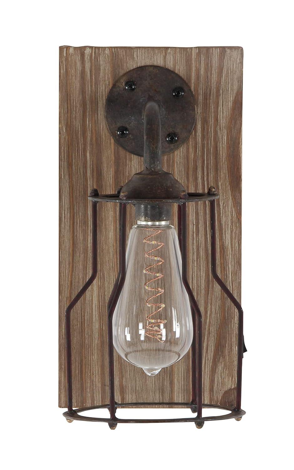 DecMode Industrial Metal Wall Sconce with Wood Backplate and Iron Cage, 6"W x 11"H Features Rustic Brown Finish