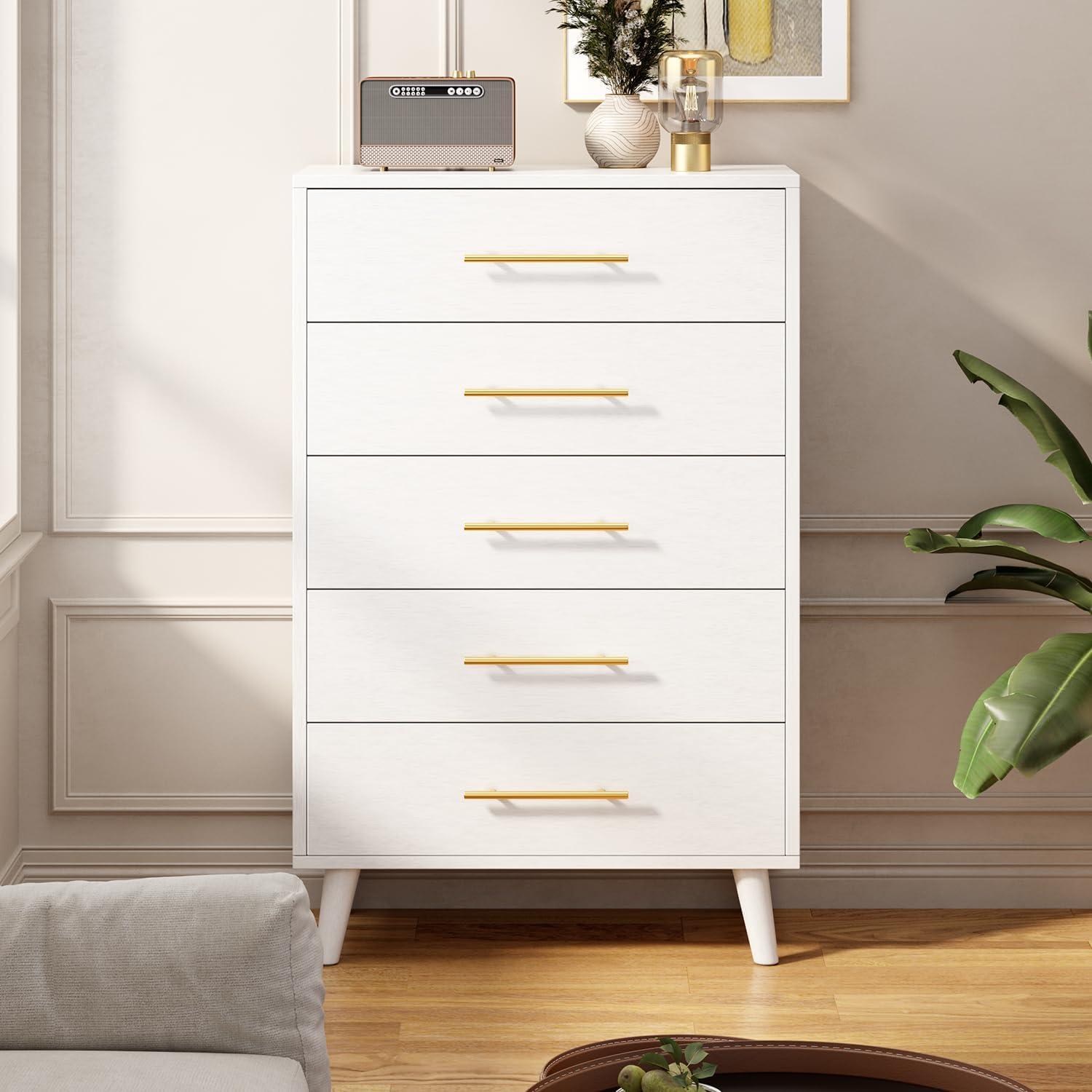 Aiho 5 Drawer Wood Dressers, Wide Chest of Drawers with Gold Handles for Living Room , White