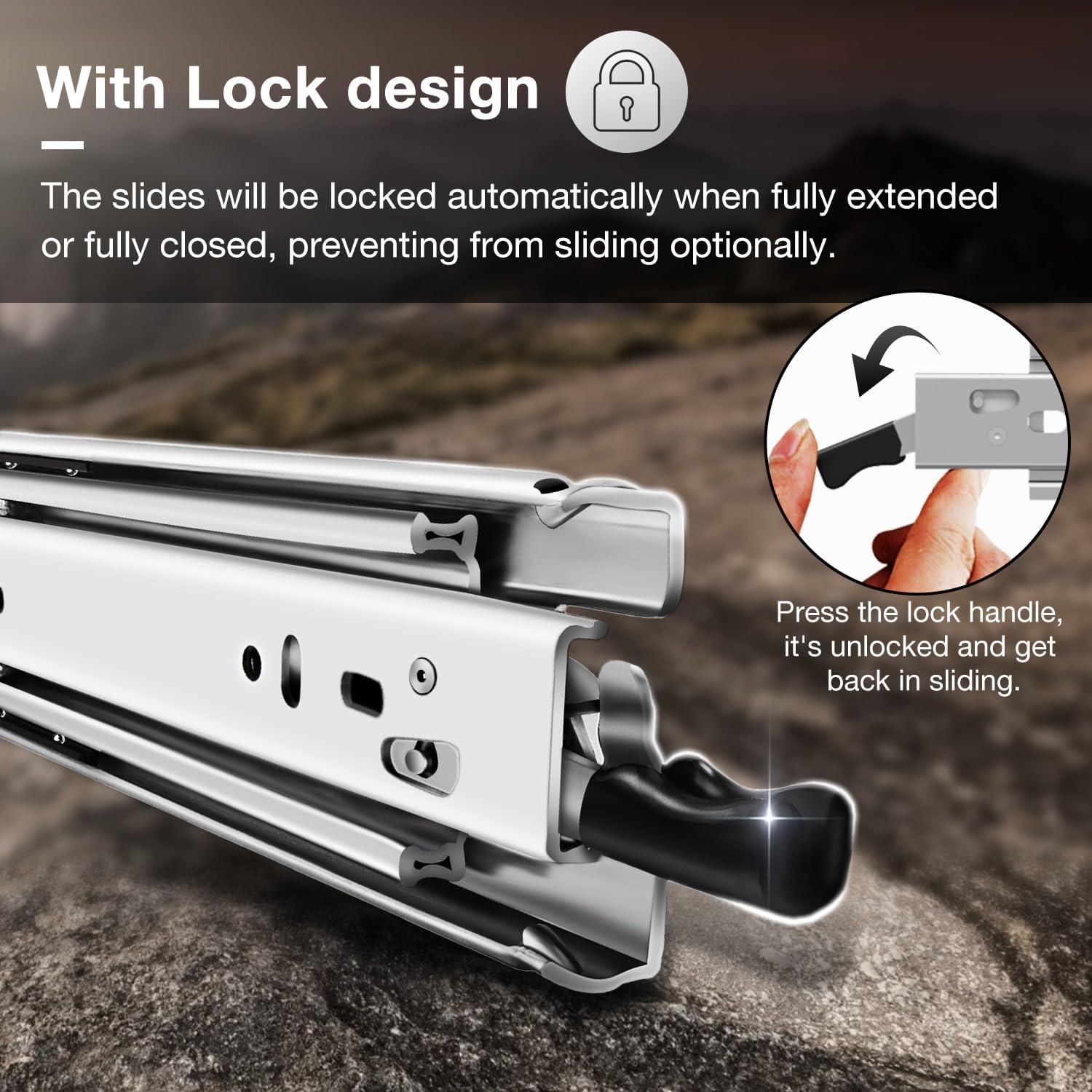 Heavy Duty Locking Drawer Slides Full Extension Runners with Lock 12 14 16 18 20 22 24 26 28 30 32 34 36 38 40 Inch Side Mount Ball Bearing Rails Track Glides 220 Lbs (with Lock, 14 inch) 14 Inch