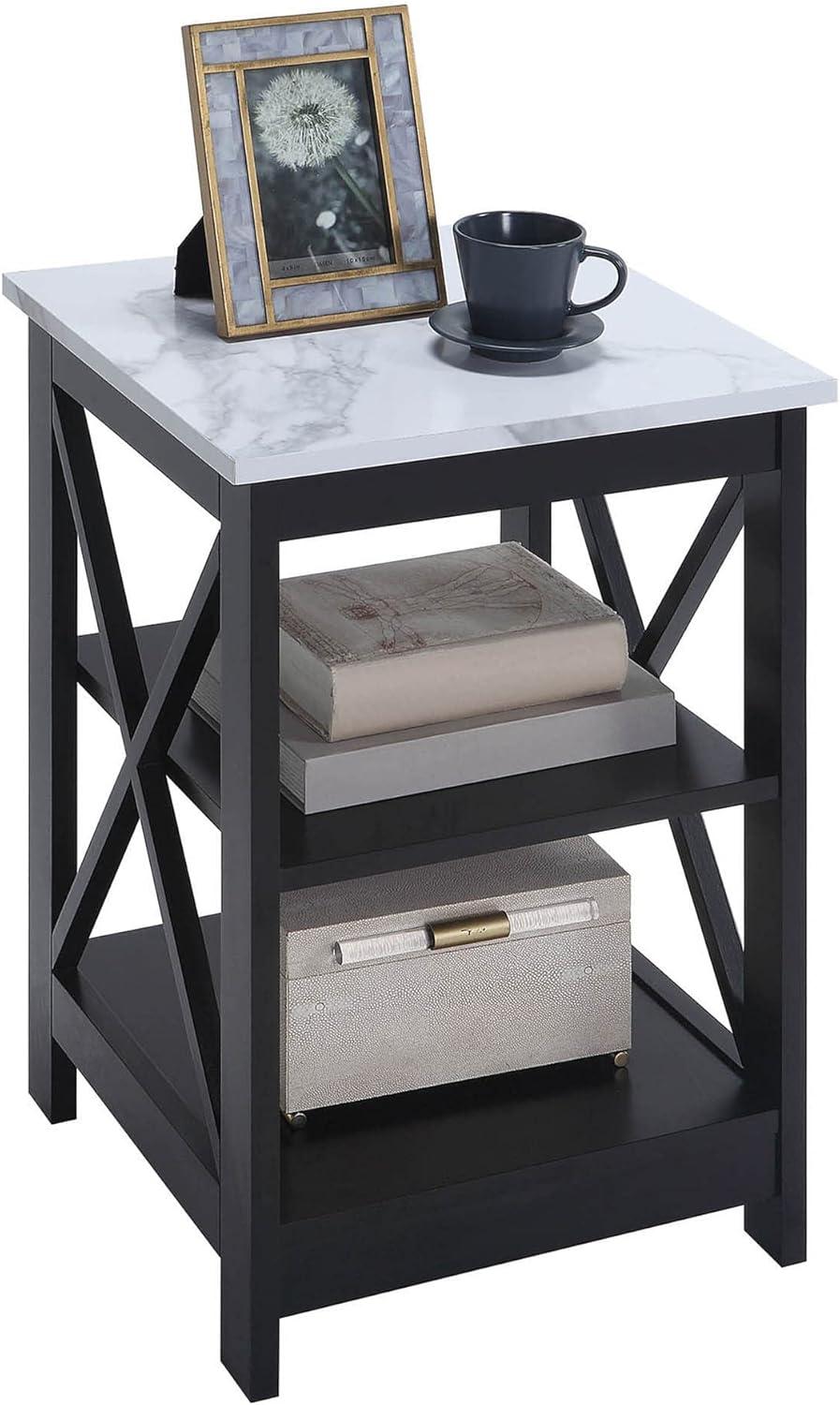 Convenience Concepts Oxford End Table with Shelves, White Faux Marble/Black