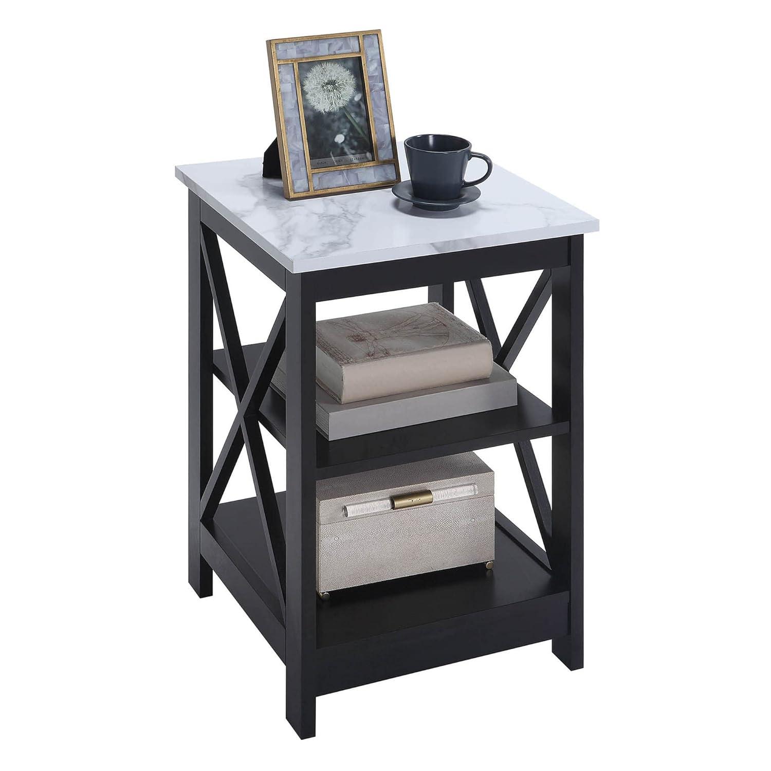 Convenience Concepts Oxford End Table with Shelves, White Faux Marble/Black