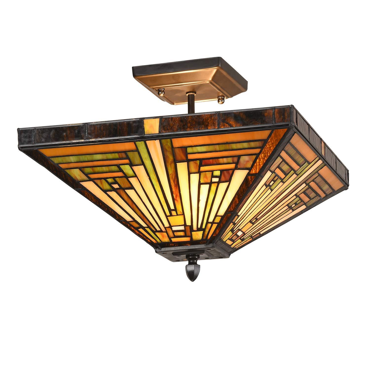 Chloe Lighting Innes Tiffany-Style 2 Light Mission Semi-Flush Ceiling Fixture 14" Shade