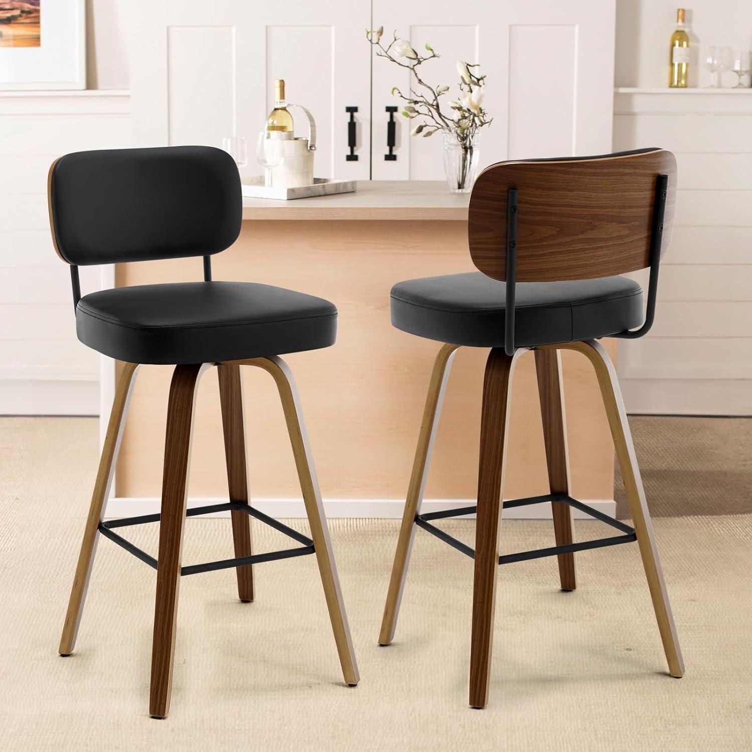 Grey Faux Leather Swivel Bar Stools with Wood Back