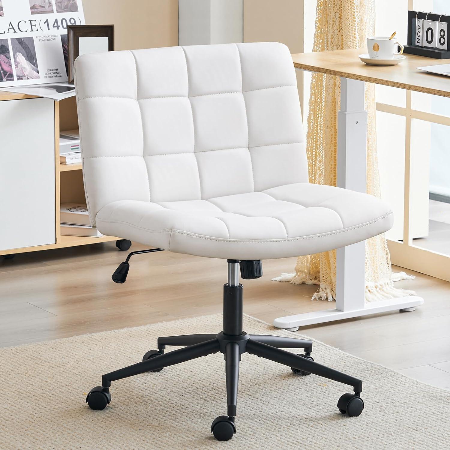 Modern Armless Home Office Chair Wide Desk Chair with Wheels Swivel Task Chair for Home Office, Bedroom. PU-Ivorywhite