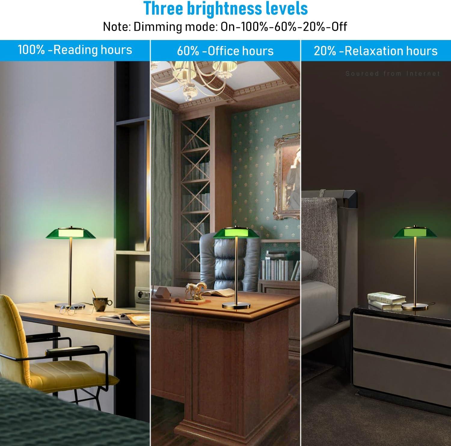 TORCHSTAR Green Glass Desk Lamps with Antique Brass Body, 330LM 3-Step Dimmable, 100-240V Integrated LED Table Lamp for Bedside Living Room, ETL&UL Listed, 3000K Warm White