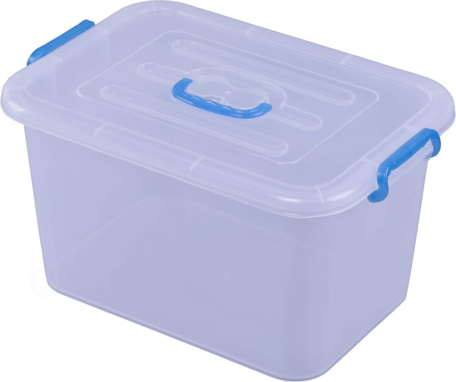 Large Clear Plastic Stackable Storage Box with Blue Handles