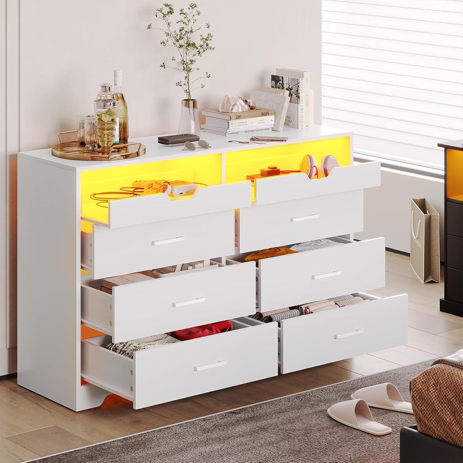 6 Drawers Dresser with LED Lights&Pull-Out Tray for Bedroom,Modern Double Dresser Chest of Drawers Storage Organizer for Living Room, White