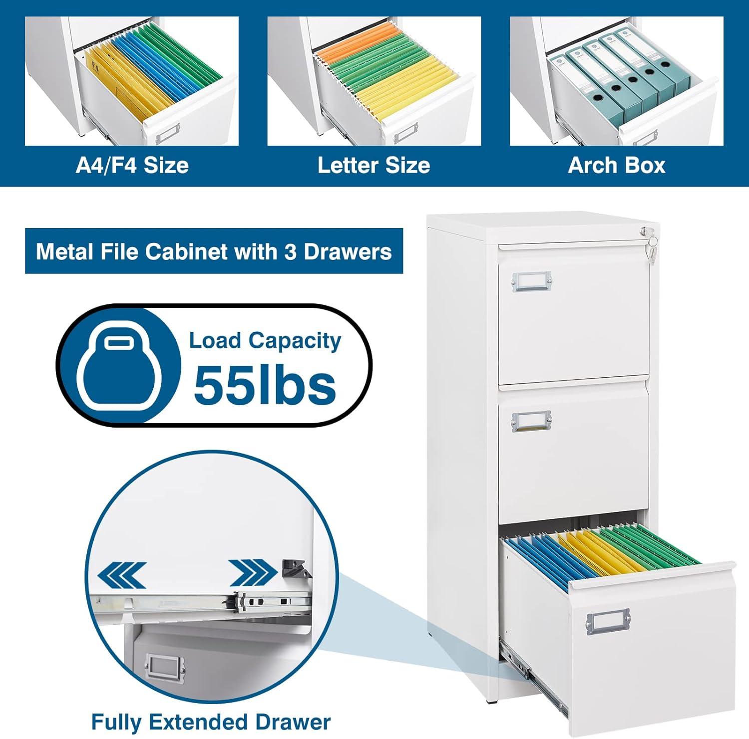 3 Drawers Vertical File Cabinets - 17.8" Deep Lockable Filing Cabinet - White Metal Storage Cabinets for Home Office to Hanging Files Letter/Legal/F4/A4 Size