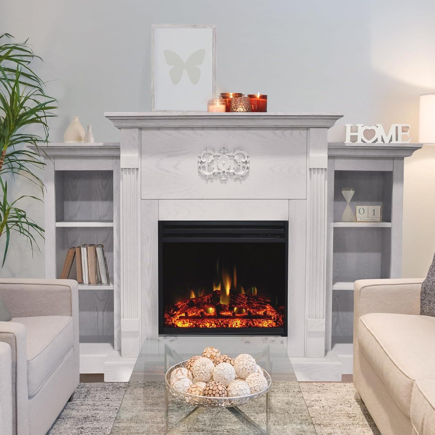 Cambridge Sanoma 72'' Electric Fireplace with Enhanced Charred Log Insert | Multi-Color Flame | For Rooms up to 210 Sq.Ft | Remote | Slate Blue Mantel | Adjustable Heat Settings