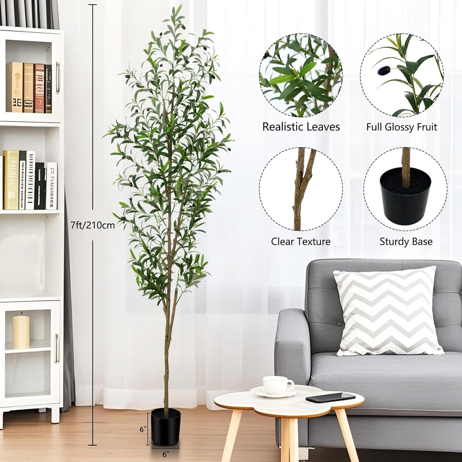 Aritizone Artificial Olive Tree 7FT Tall Fake Olive Tree with Adjustale Branches Artificial Tree for Modern Home Office Living Room Floor Decor Indoor (7FT)