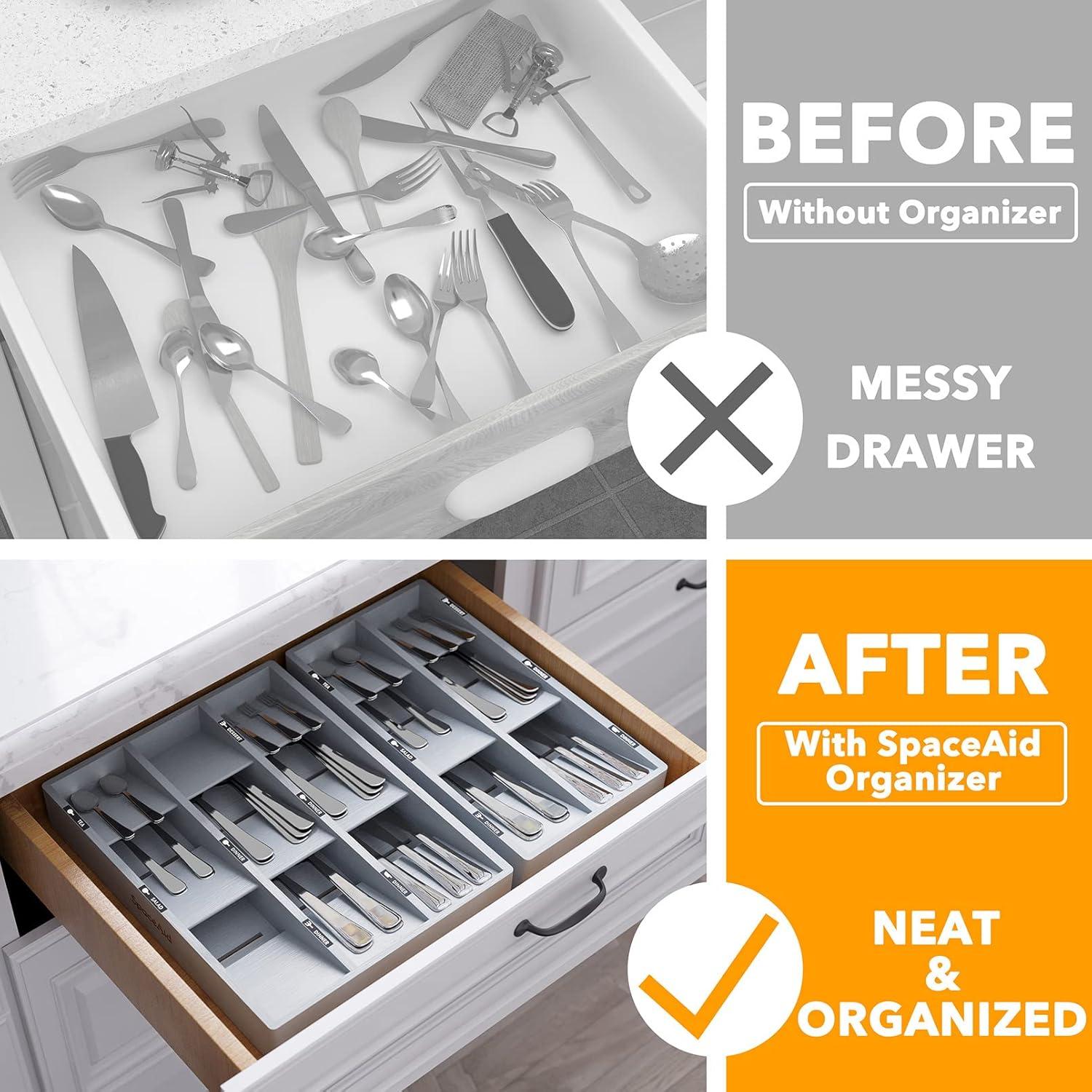 SpaceAid Bamboo Silverware Drawer Organizer with Labels – Kitchen Utensil Tray for Flatware, Cutlery, Spoons, and Knives – 6 Slots (White)