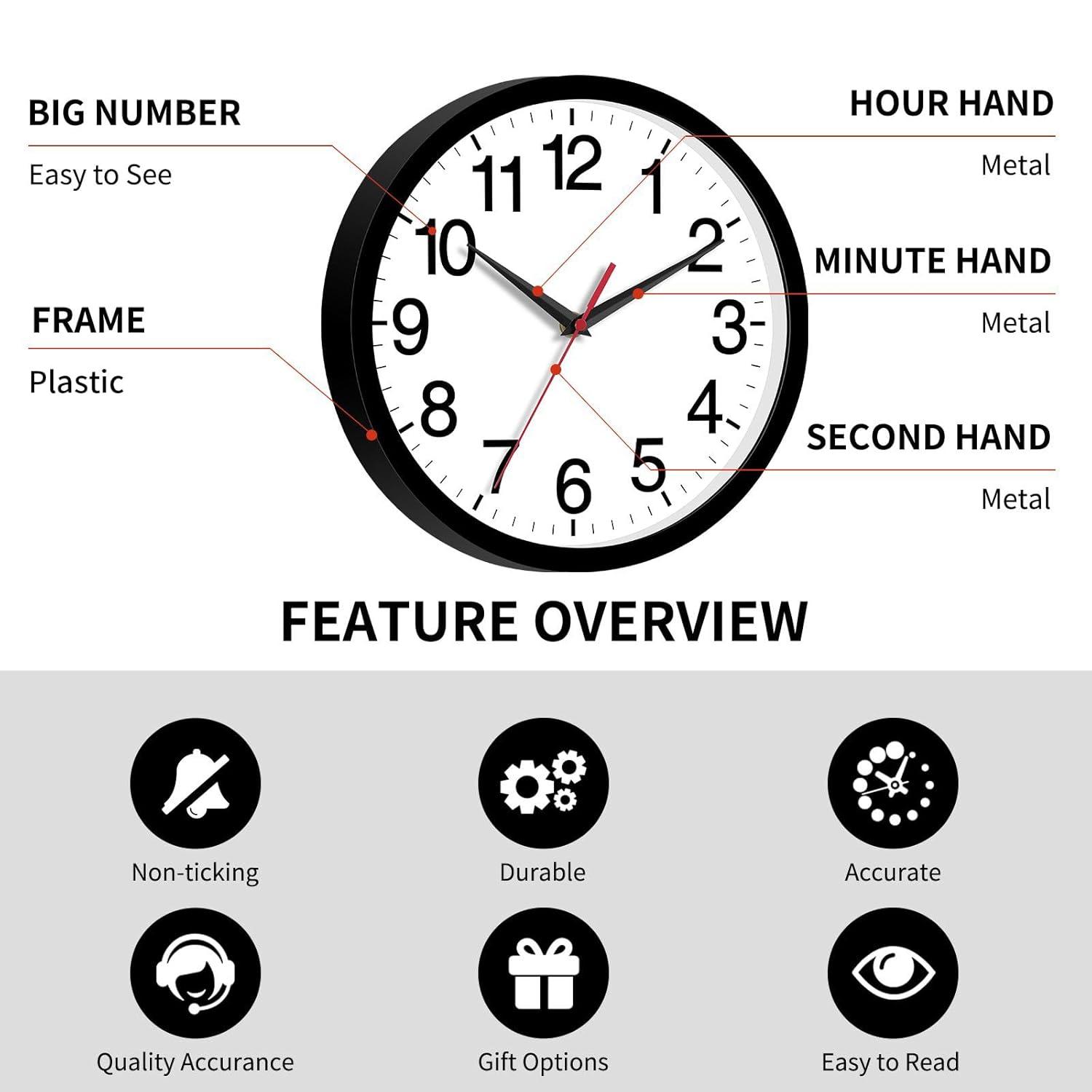 YEHOOM Wall Clock 10 Inch Silent Non-Ticking Modern Clocks Battery Operated - Analog Small Classic for Office, Home, Bathroom, Kitchen, Bedroom, School, Living Room(Black)