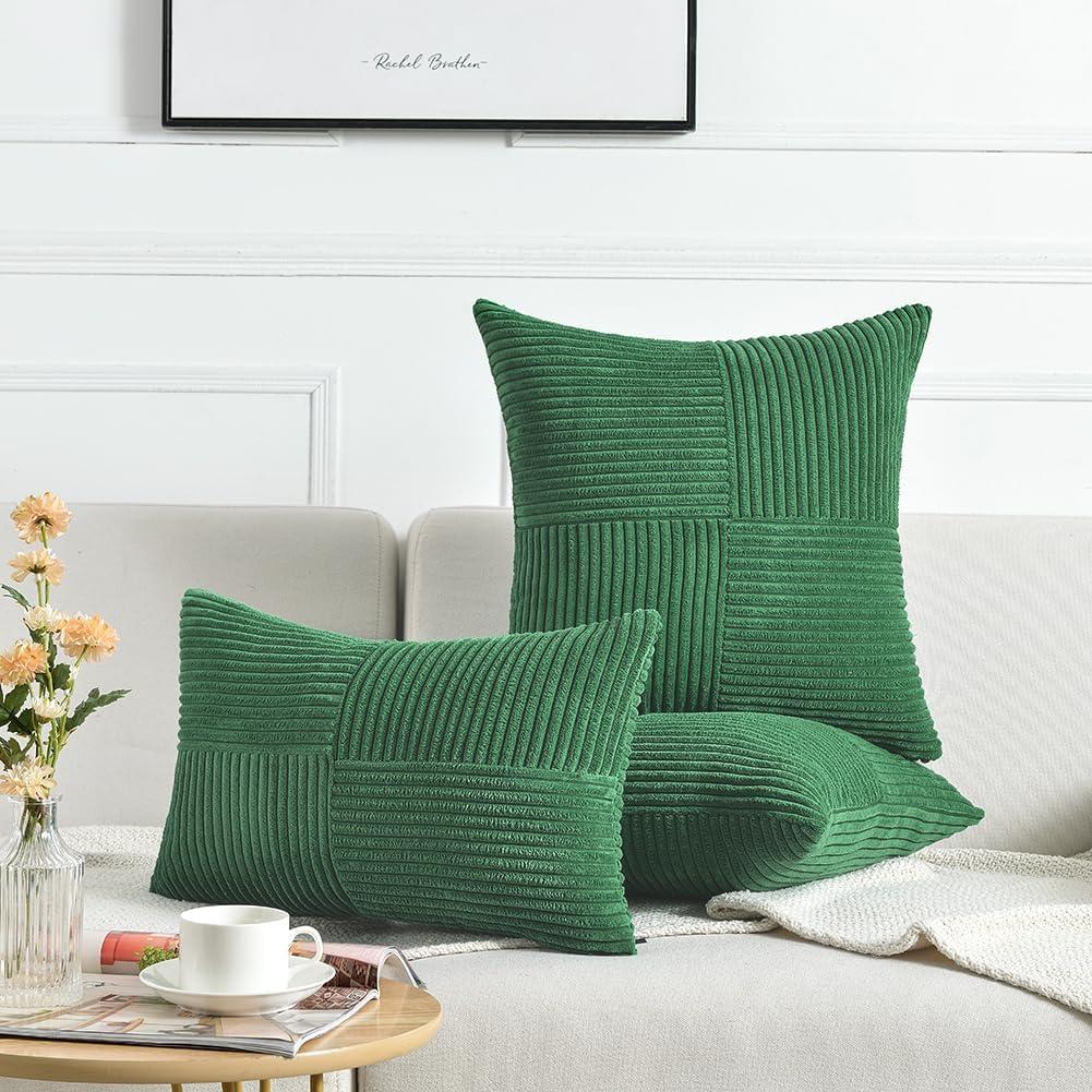 Boho Sage Green Striped Corduroy Pillow Covers - Set of 2 | Farmhouse Rectangle Cushion Cases for Sofa Couch Bed | Soft Decorative Throw Pillowcases - 12x20 Inch Home Decor