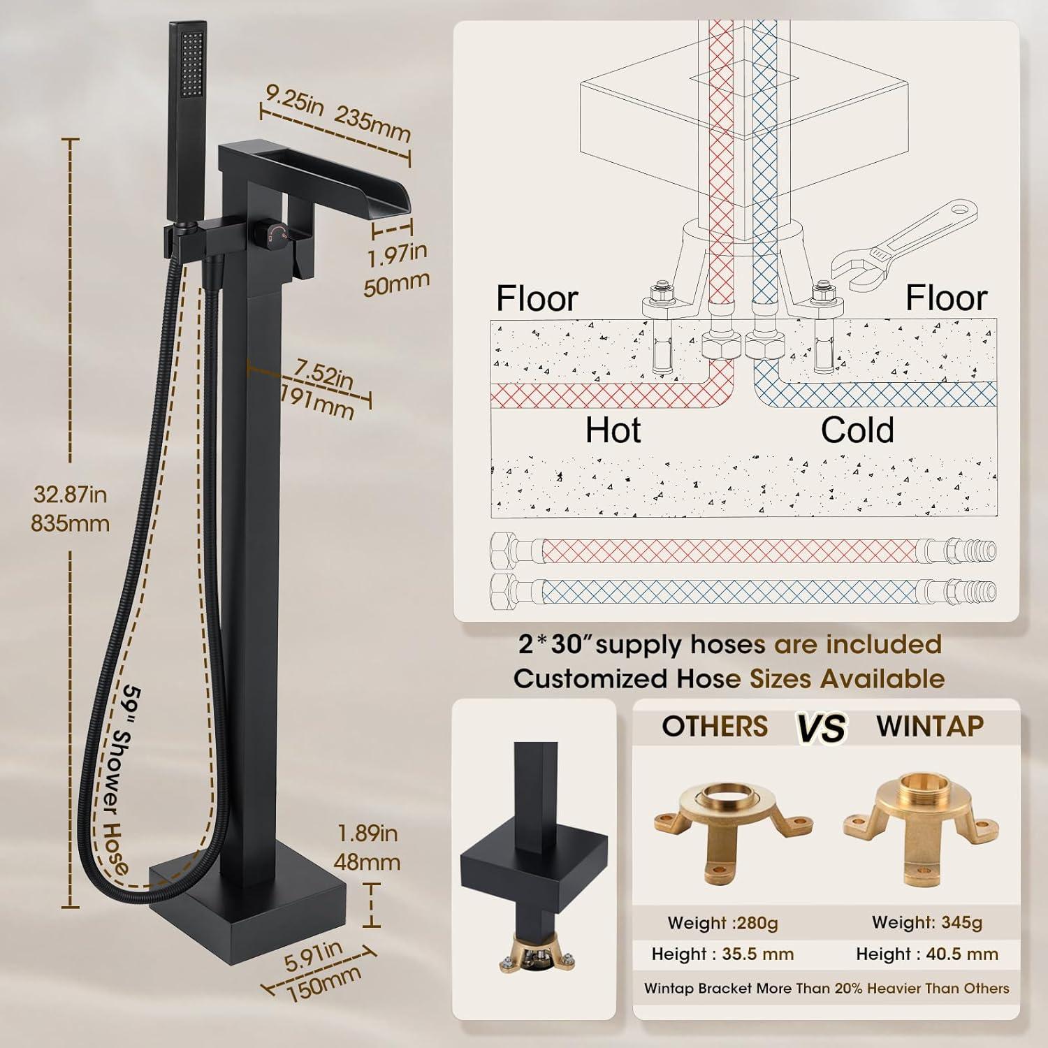 AlenArtWater Waterfall Tub Filler Freestanding Bathtub Faucet Floor Mount Brass Single Handle Bathroom Faucets with Hand Shower 94-LJQKCZ