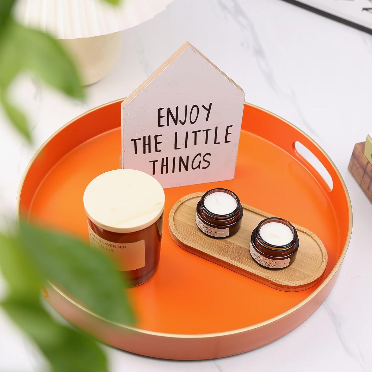 MAONAME 13" Round Tray, Orange Serving Tray with Handles, Modern Decorative Trays for Coffee Table, Plastic Ottoman Trays for Ottoman, Bathroom, Halloween Decor