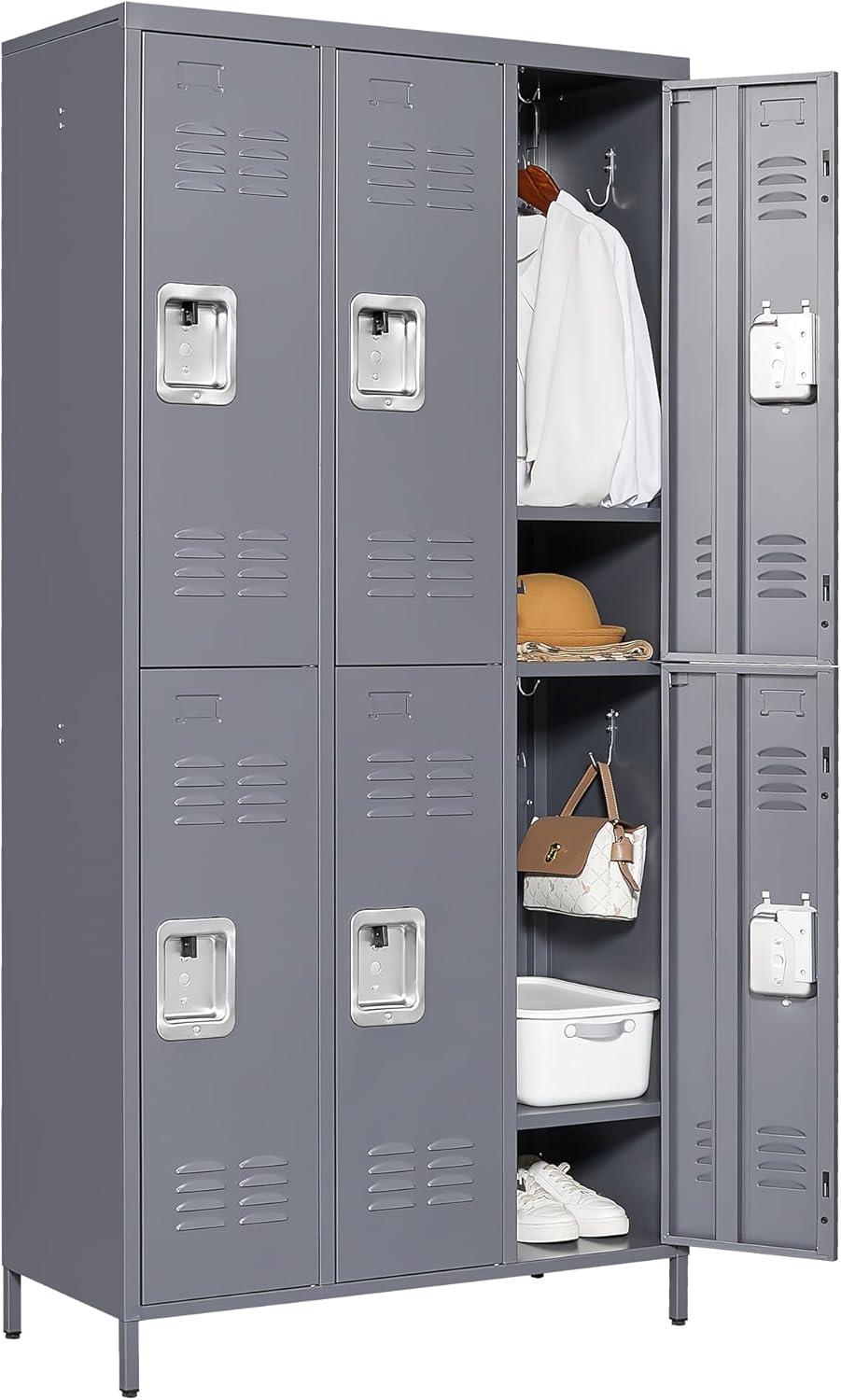 6 Door 72"H Metal Lockers With Lock for Employees, Storage Locker Cabinet - Ideal for Home Gym Office School Garage - Gray