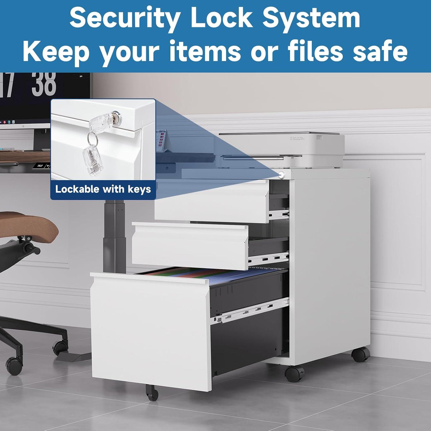 3 Drawer Mobile File Cabinet with Lock, Rolling File Cabinets for Home Office, Under Desk Small File Caninet on wheels, Metal Vertical White Filing Cabnet for Legal/Letter/A4 - Assembly Required