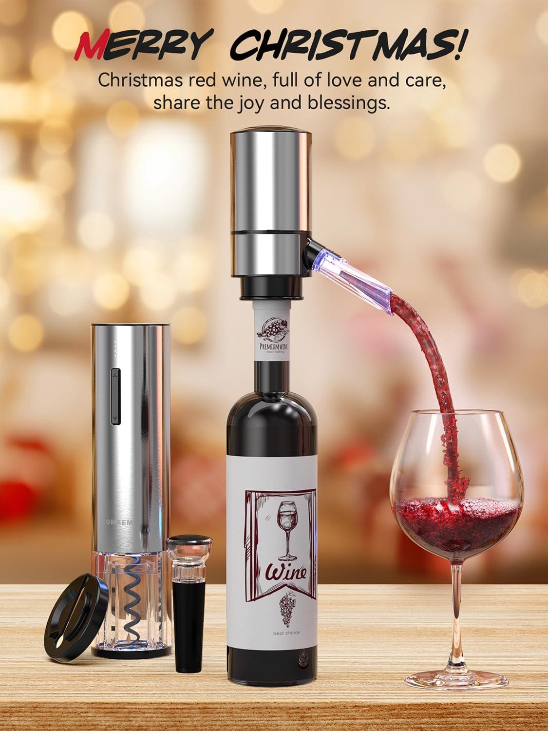 Tomeem Electric Wine Opener Set with Rechargeable Wine Opener, Foil Cutter , Automatic Wine Pourer and Aerator Vacuum Stoppers 4-in-1 Gift Set