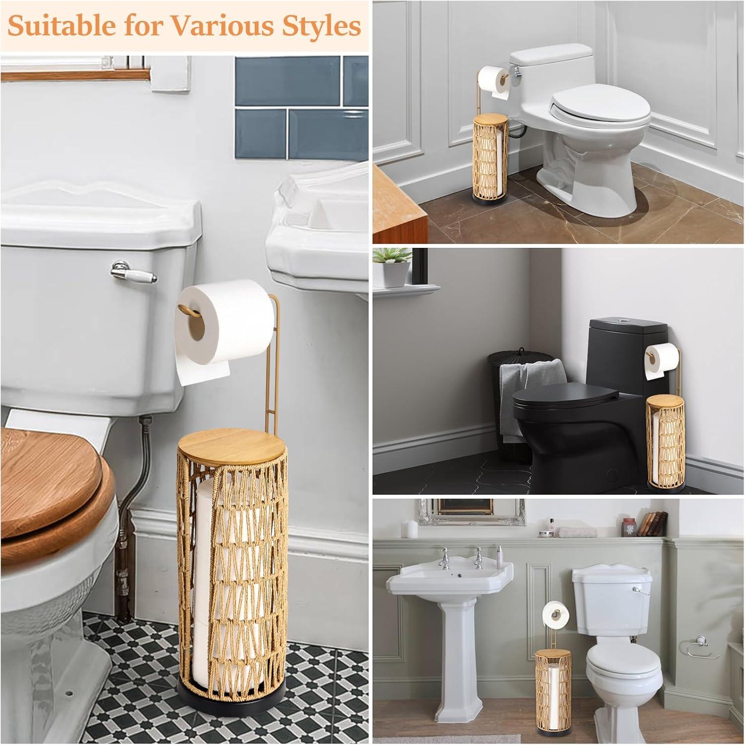 Freestanding Toilet Paper Holder With Storage,3 Rolls Of Tissue Holder For Bathroom,Handmade Woven Toilet Paper Roll Holder Stand,Rattan Sturdy Boho Bathroom Decor Farmhouse Toilet Paper Storage