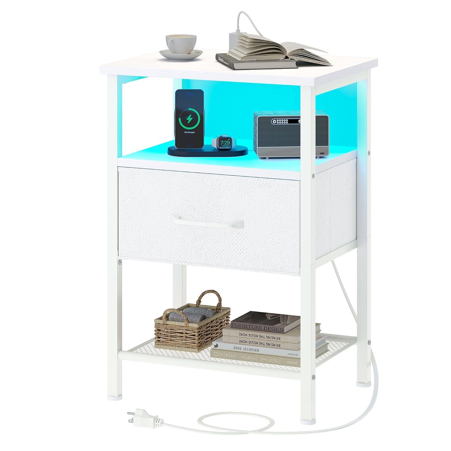 End Table with Charging Station, Narrow Side Table with 2 Fabric Drawers, Skinny Nightstand with LED Light, Slim Bedside Table for Bedroom, Living Room, Small Spaces, White
