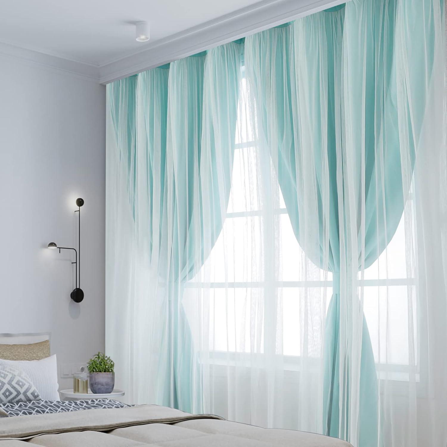 Set of 2 (84"x52") Caterina Layered Solid Blackout with Sheer Top Curtain Panels Aqua - Exclusive Home: Room Darkening, Thermal Insulated