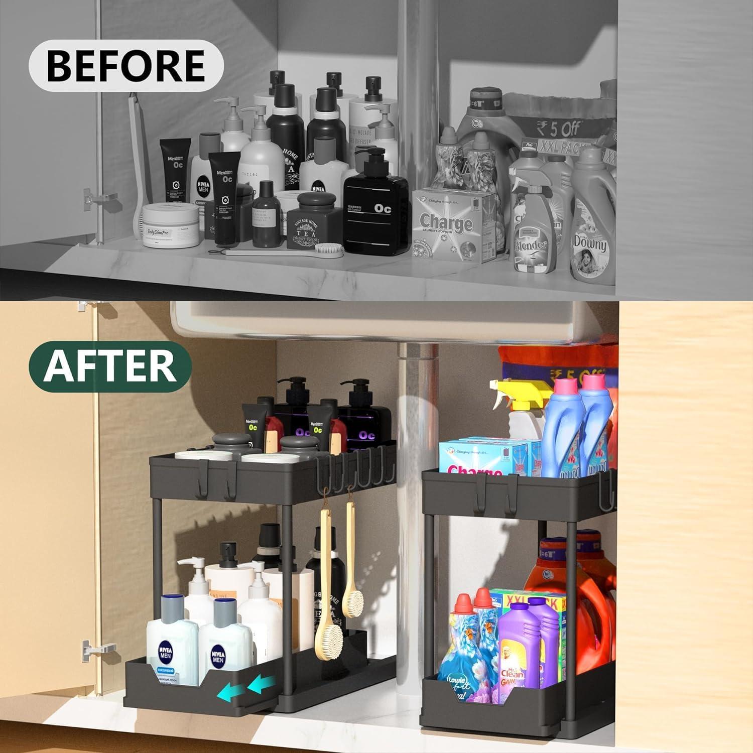 Kisportee 2 Pack Under Sink Organizer, 2 Tier Sliding Under Bathroom Cabinet Organizer with 10 Hooks and 4 Hanging Cups, Multi-Purpose Kitchen Counter Shelf, Black