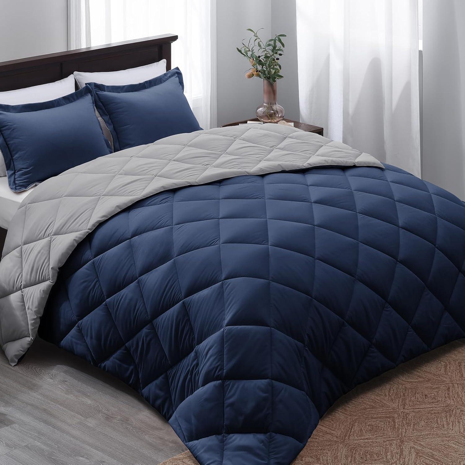 Navy and Light Gray Reversible Queen Microfiber Comforter Set