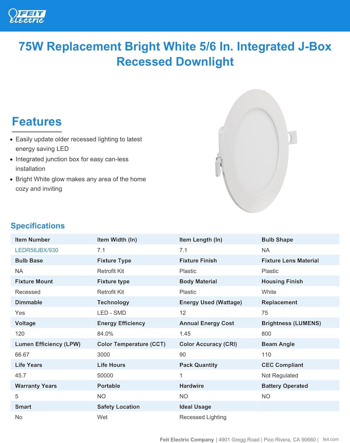 Bright White 3000K Aluminum LED Downlight with Dimmable Integrated J-Box