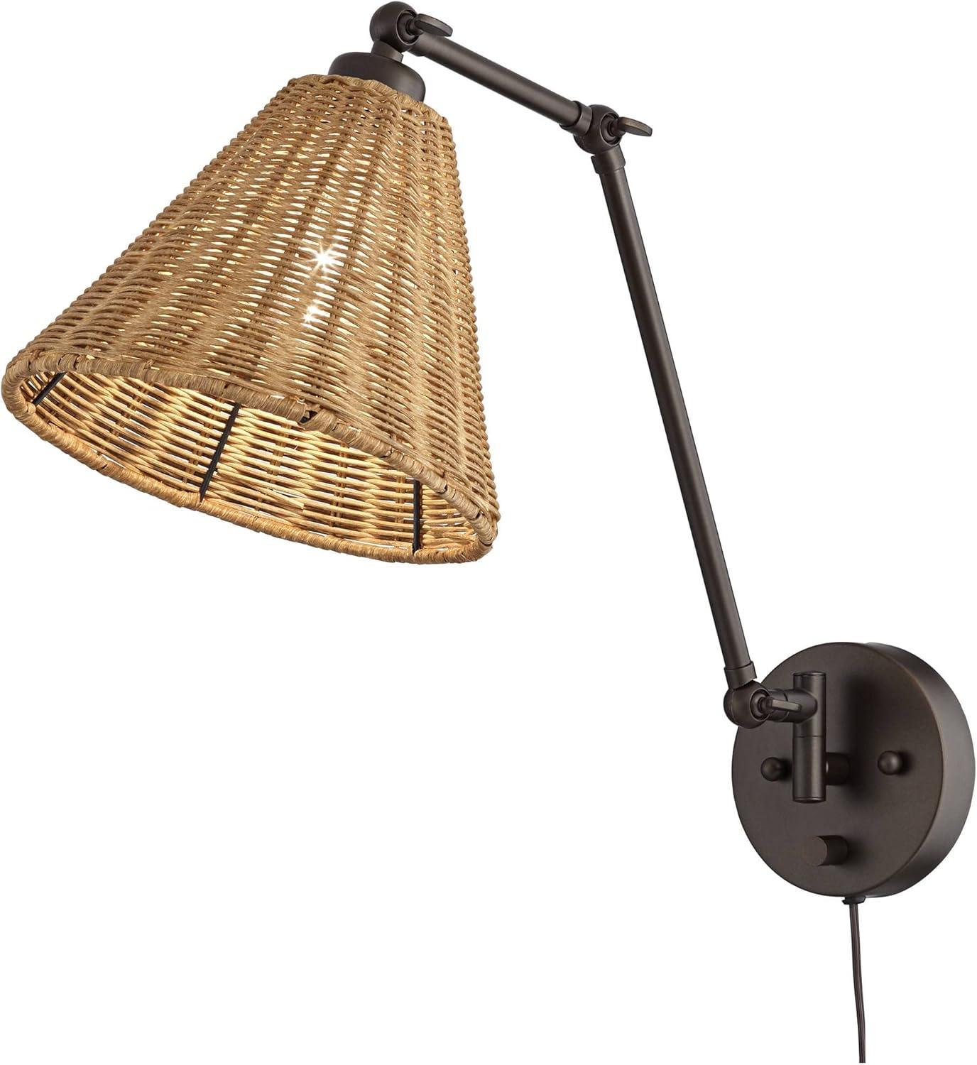 Bronze Mid Century Modern Swing Arm Wall Lamp with Natural Rattan Shade