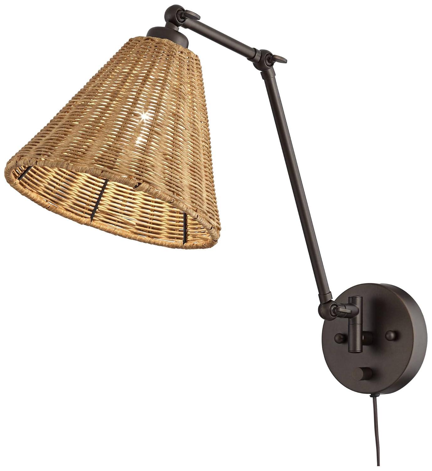 Barnes and Ivy Mid Century Modern Swing Arm Wall Lamps Set of 2 Bronze Plug-In Light Fixture Natural Rattan Shade for Bedroom Bedside House