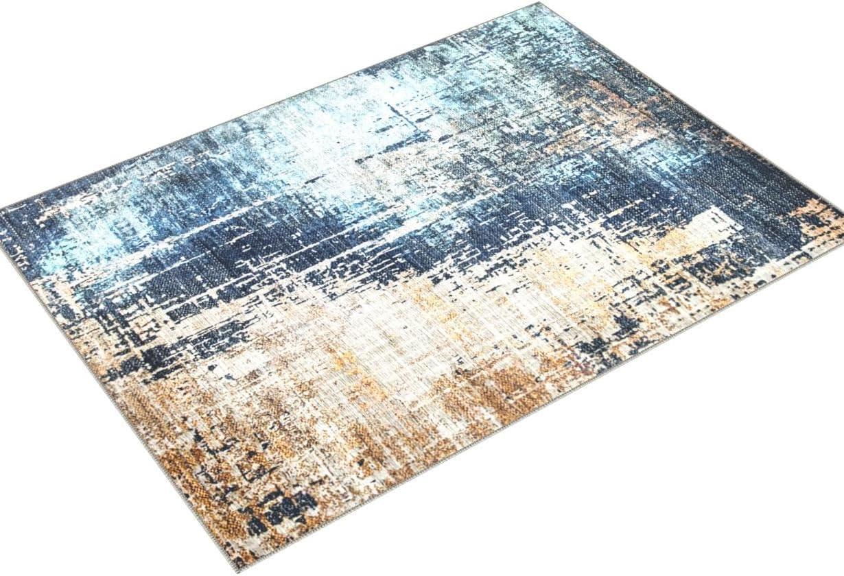 Navy and Yellow Abstract Synthetic 8' x 10' Area Rug