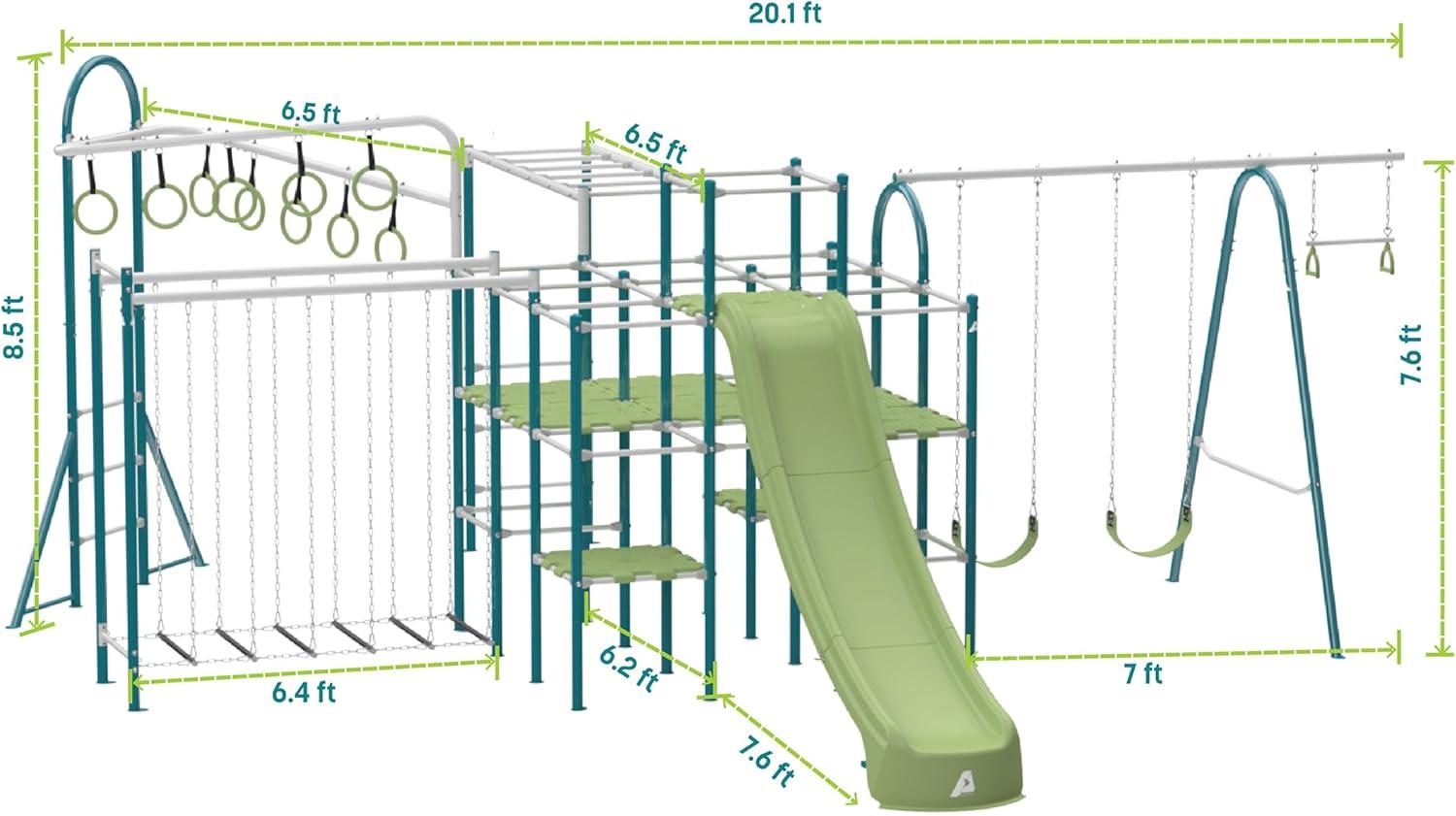 Modular Green and White Metal Jungle Gym with Slide and Swings