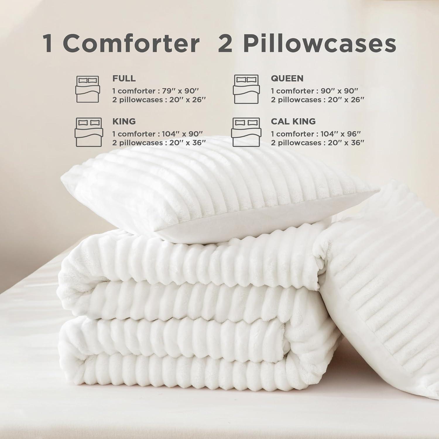 Andency Fluffy Queen Comforter Set, Super Soft White Comforters Queen Size, Winter Warm Fleece Faux Fur Bedding Set, Luxury Plush Fuzzy Bed Set 3 Pieces (1 Shaggy Comforter, 2 Pillowcases)