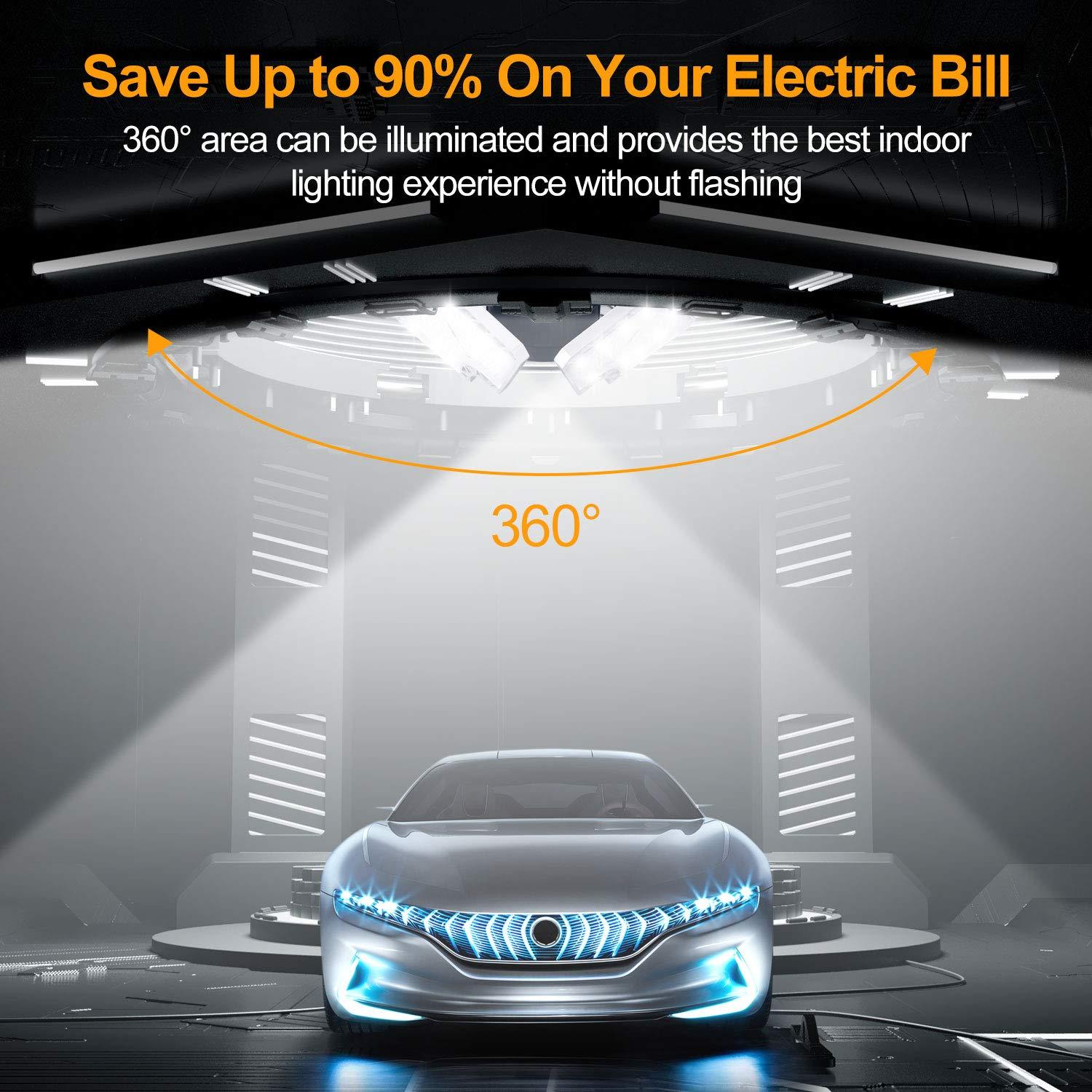 KERNOWO LED Garage Lights, 140W 18500 Lumens Garage Lighting, 6000K Daylight with Deformable Three Panel Ceiling Light Fixture E26/E27 Triple Glow LED Shop Light for Basement Workshop Warehouse