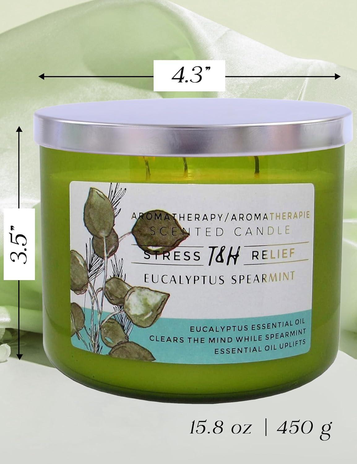 T&H Wholesalers Eucalyptus Spearmint Scented Soy Candle 3 Wick Aromatherapy Candle for Women and Men