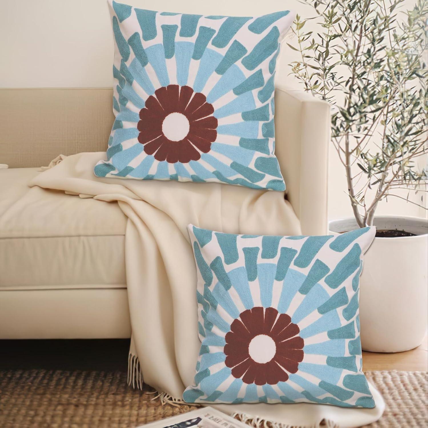 2 PCS Embroidered Throw Pillow Cover Cotton Decorative Square Cushion Cases for Home Sofa Bed and Chair 18 x 18 Inch (Blue Flower-2)