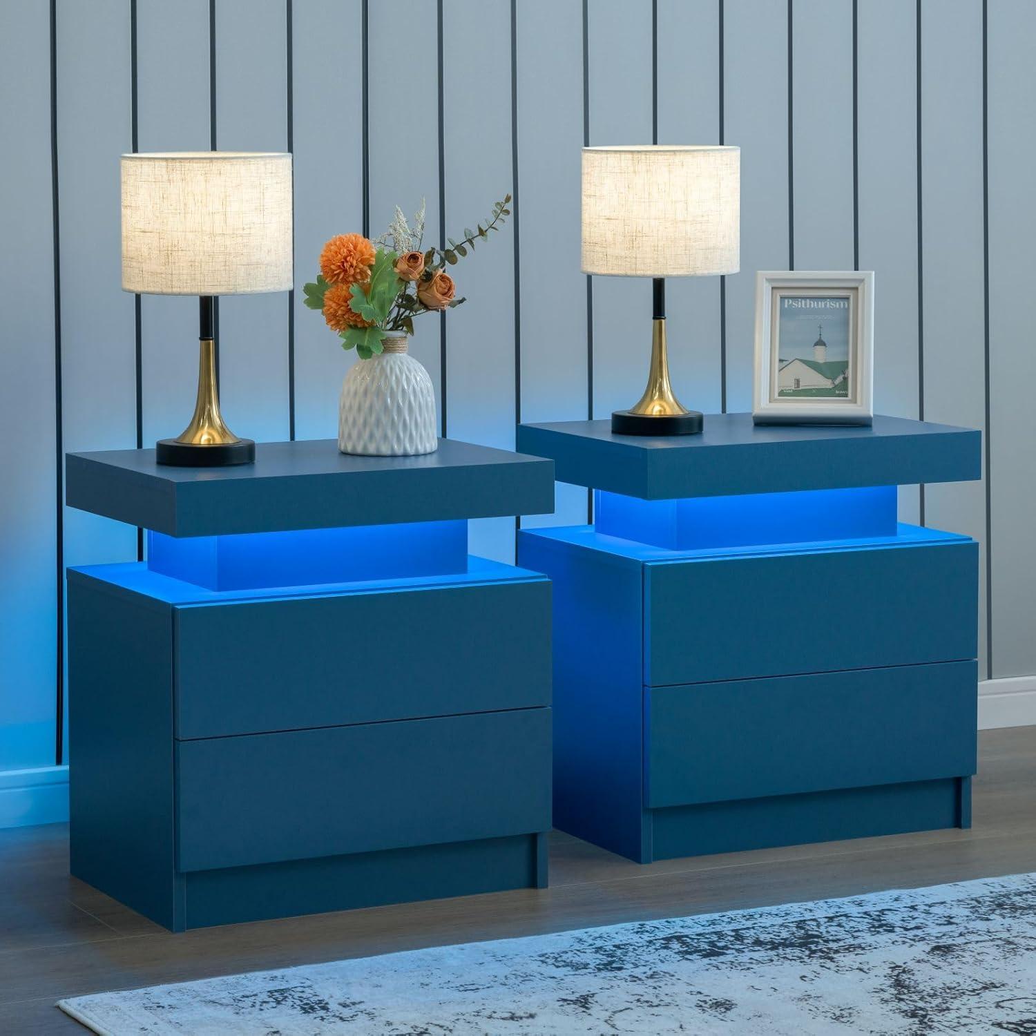 Blue Particle Board Nightstands with LED Lights and 2 Drawers