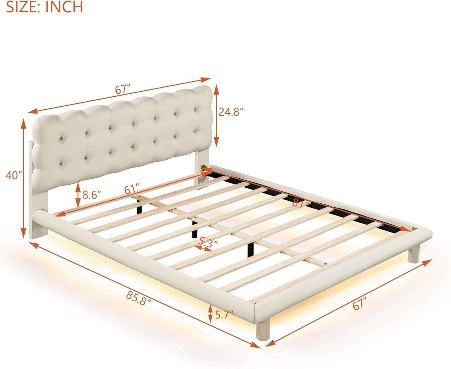 Queen Size Beige Velvet Platform Bed with LED Light and Tufted Upholstered Headboard