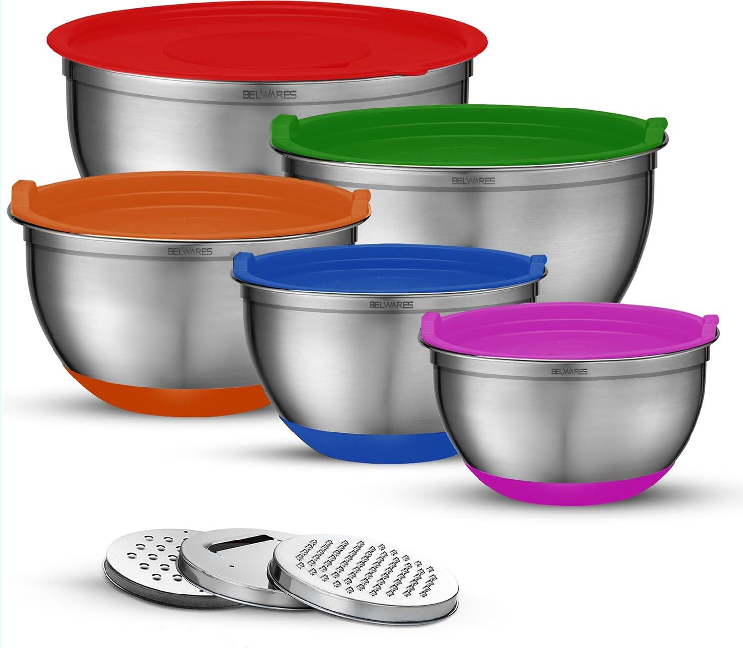 Toledo Bath & Kitchen Stainless Steel Mixing Bowls With Lids, 5-Pack Metal Nesting Bowls With Airtight Covers For Cooking, Baking, Serving, Storage, Non-Toxic & Dishwasher Safe, Size 4.6/3/1.5/1/0.7QT - Khaki