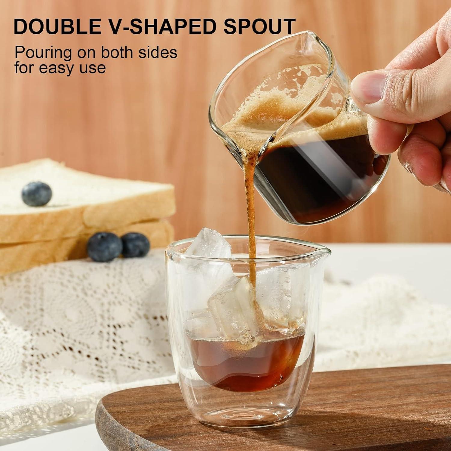 Espresso Cups Set of 2, 4 oz Double Spouts Cup, Espresso Shot Glasses with Handle, V-Shaped Spout Milk Cup, Borosilicate Glass, Mini Clear Glasses for Coffee Bar, Machine Accessories
